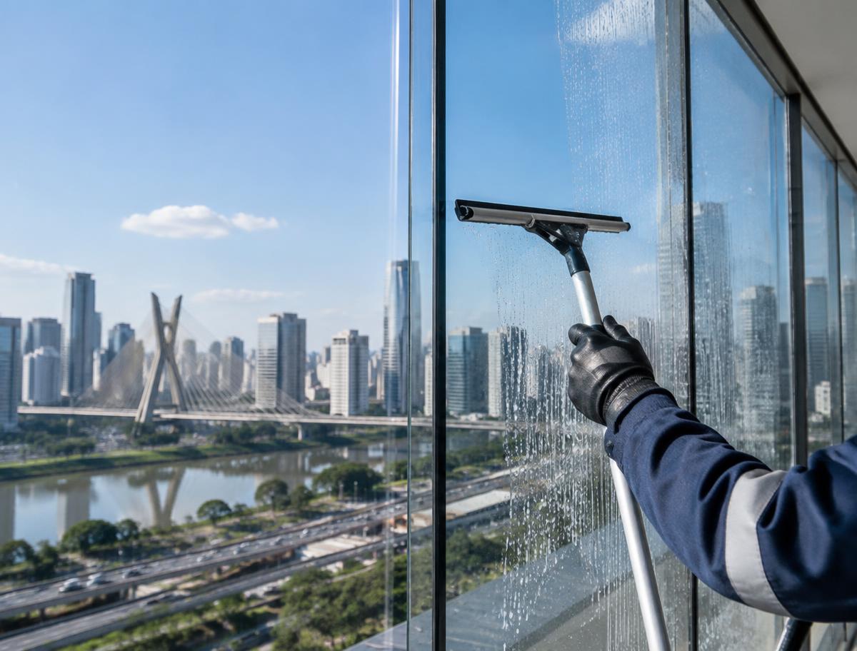 Limpeza profissional de fachada de vidro